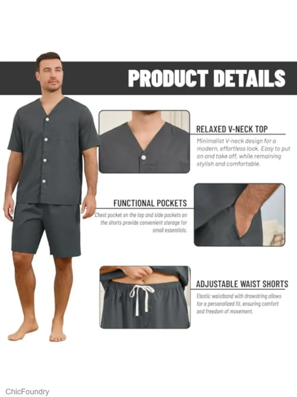 Men's 100% Cotton Pajama Set V-Neck Button Down Short Sleeve with Pocket Lounge